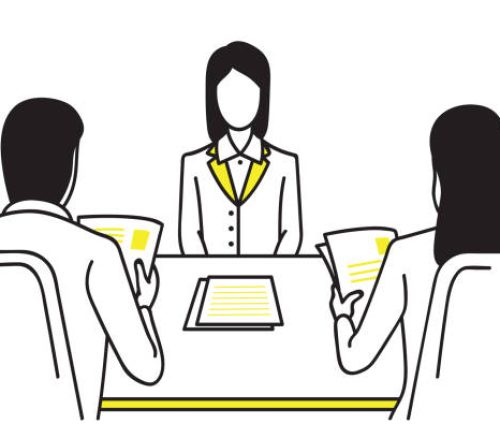 Woman applicant or candidate during job interview by recruiter. Business concept in job interview. Outline, thin line art, linear, hand drawn sketch design, simple style.